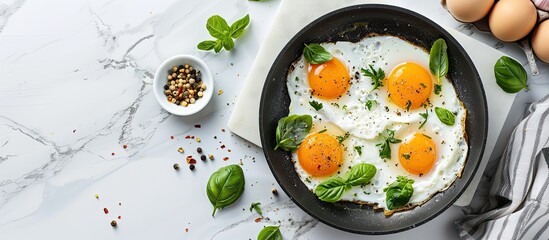 Wall Mural - Top-down view of delicious fried eggs with basil in a pan displayed on a white marble table with available space for adding text around the image. image with copy space