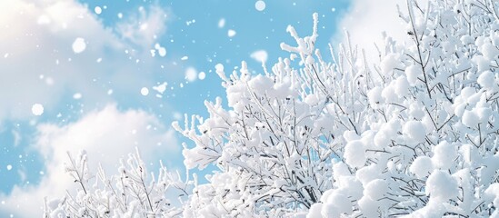 Scenic winter landscape with thick white snow blanketing tree branches and bushes against a backdrop of a blue sky, ideal for a copy space image.