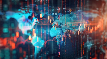 Global Crisis Chart Concept, Abstract double exposure of global crisis chart on holographic world map background. Ai generated