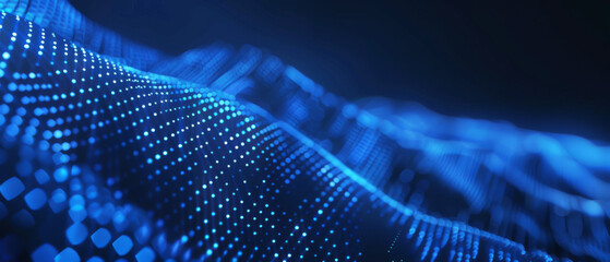 Abstract glowing blue dots on a black background creating a wavy, futuristic pattern, perfect for technology and digital theme stock photos.