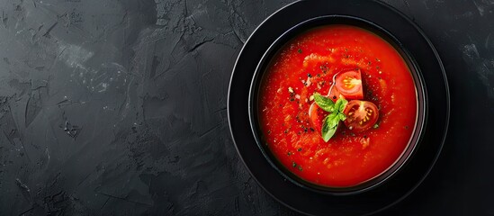 Wall Mural - Healthy vegetarian food - a bowl of fresh tomato cream soup with copy space image.