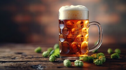 Wall Mural - Full mug of beer and hop cones