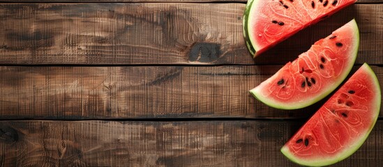 Wall Mural - Sliced watermelon on wooden table with copy space image.