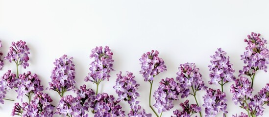 Wall Mural - Top view of lilac flowers against a white backdrop, creating a spring-inspired flat lay with room for text or other elements in the image. image with copy space