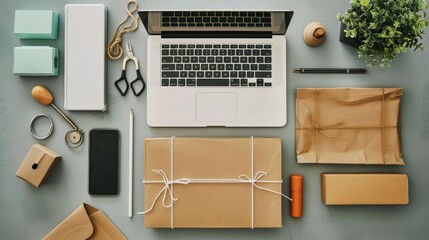 Poster - Flat lay of ecommerce tools, laptop, and packaging supplies