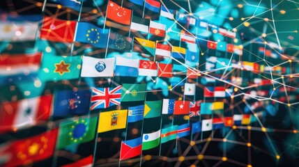 Cross border Regulatory Cooperation: Countries flags interconnected with digital lines, symbolizing cross