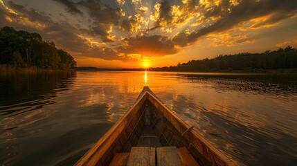 Sunset view from a boat sailing on a lake