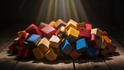 Poster - A pile of colorful blocks on a wooden table with light shining through, AI