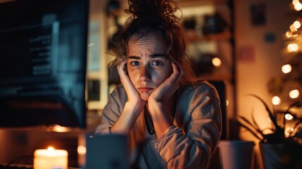 Wall Mural - person working late into the night, with dark circles under his eyes and a stressed expression in a home office generative ai