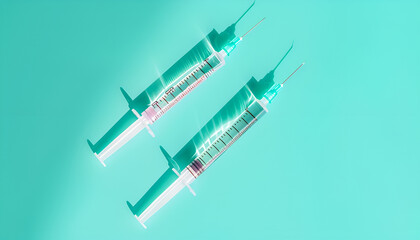 Wall Mural - Injection cosmetology. Two medical syringes on turquoise background, top view