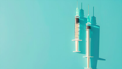 Wall Mural - Injection cosmetology. Two medical syringes on turquoise background, top view