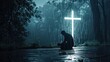 © Johannes - Man, god and rain with depressed for mercy with plead or cry for help with test of faith with glow cross. Mental health, doubt or loss with grief, hopeless and trouble with spiritual crisis outside.