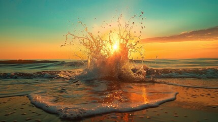 Poster - colorful water splash on the beach during sunrise, with the sun in the background generative ai