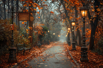 Wall Mural - Lamp-lit paths in a park with autumn leaves