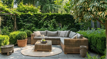 Patio with tall bushes creating a private and cozy space around the wicker sofa and low table. generative ai