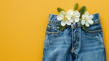 Canvas Print - Minimal flat lay with white flowers in jean pocket on yellow background for spring theme