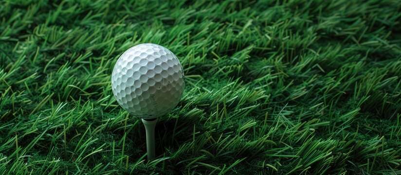 The golf ball and tee on fake grass in the image are stationary, not ready for play, with a plain background for text or graphics. image with copy space