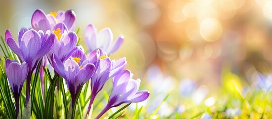 Wall Mural - Spring Crocus flowers blooming, suitable for a postcard with copy space image.