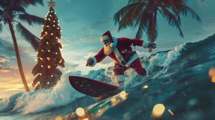 Santa Claus surfing on a wave, tropical beach, festive attire, palm trees decorated with lights, fun and unique holiday scene