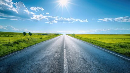 A bright, clear photograph of a long, straight road stretching into the horizon with vibrant green fields on either side and a blue sky filled with fluffy white clouds.