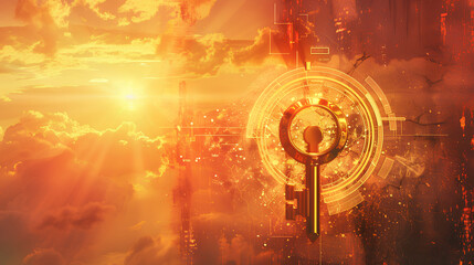 Wall Mural - A golden key, with the sun shining in the background