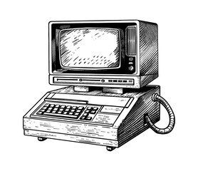 Aufkleber - retro computer engraving black and white outline