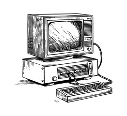 Aufkleber - retro computer engraving black and white outline