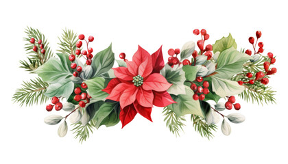 Wall Mural - christmas decoration with holly berries watercolor isolated on transparent background cutout