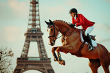 A rider on a horse jumping at the Paris Olympic gaes. Eiffel tower in the background. Olympic showjumping equestrian sports event.