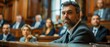 © Starkreal - Man Facing Legal Uncertainty in Courtroom, Seated at Defendant's Table Surrounded by Judge and Lawyers