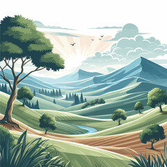 Wall Mural -  vector of landscape with rolling hill and trees  mountains and clouds