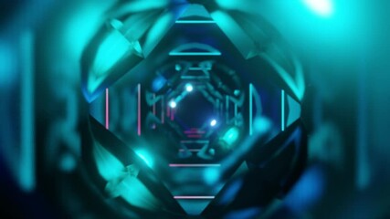 Wall Mural - Abstract background 3D animation moving through shiny glass metal and neon lights tunnel, loop