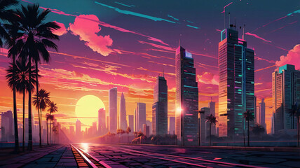 Synthwave style landscape with beach and palm trees and silhouette of building and modern city