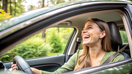 Woman Driving. Joy of Driving. A woman laughing while driving, with a green, scenic background visible through the windows