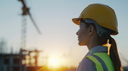 Female construction worker in safety gear observing a building site. Construction industry and women in engineering