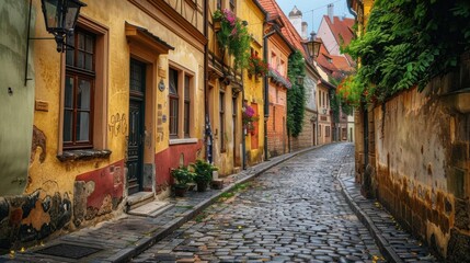  Charming cobblestone street with colorful historic buildings, creating a picturesque and inviting atmosphere in a European town.