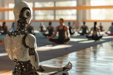Poster - stock image of a robot sitting and meditating in a modern yoga studio, a blurred background of yoga 