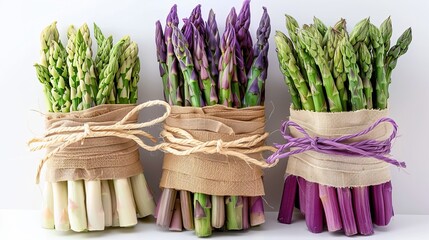 Wall Mural - Bundles of Fresh Green, Purple, and White Asparagus Tied with Burlap and Twine