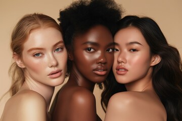 Three beautiful individuals of diverse backgrounds elegantly pose together, symbolizing empowerment and unity on a simple background, showcasing beauty and diversity in a harmonious display