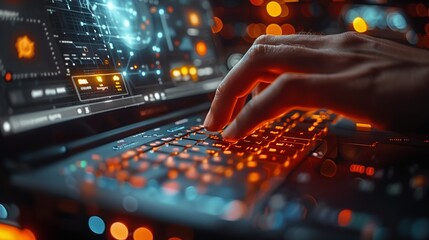 Poster - close up of a hand typing on a laptop keyboard with glowing keys in a dark room