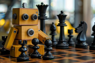 Aufkleber - stock technology concept of a chessboard-manipulating wood robot.