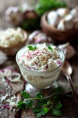 Wall Mural - A variety of white and black bowls filled with different types of food. The bowls are arranged in a row, with some containing cheese and others containing cream. Scene is one of abundance and variety