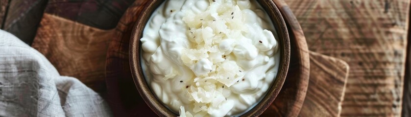 Wall Mural - A variety of white and black bowls filled with different types of food. The bowls are arranged in a row, with some containing cheese and others containing cream. Scene is one of abundance and variety