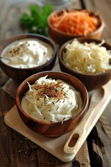 Wall Mural - A variety of white and black bowls filled with different types of food. The bowls are arranged in a row, with some containing cheese and others containing cream. Scene is one of abundance and variety