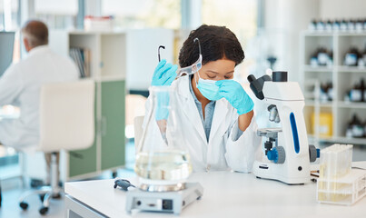 Aufkleber - Microscope, science and woman with stress in lab for burnout, headache and overworked on DNA sample analysis. Scientist, expert and mask with anxiety for medical research and investigation pressure