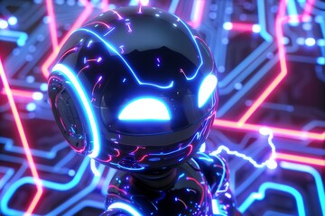 Poster - The circuit board is surrounded by glowing eyes of a robot