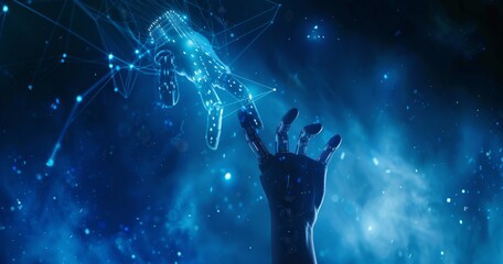 Poster - Hands of human and robot touching big data network connections, science and stock technology, innovation and futuristic.
