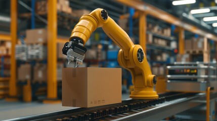 Poster - The robot arm on the roller conveyor rack grabs the cardboard box with a warehouse background in the background