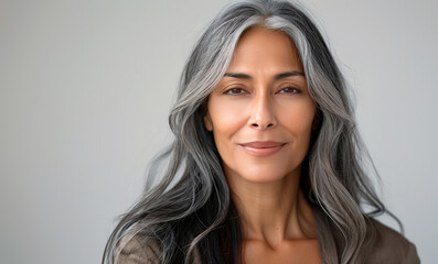 Natural beauty portrait of serene and elegant mature Indian woman with grey hair. Female slightly smiling. Light background studio shot. Natural female beauty and fascinating aging concept.