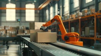 Poster - A conveyor belt carries carton boxes in a smart distribution warehouse, using robotic arms.